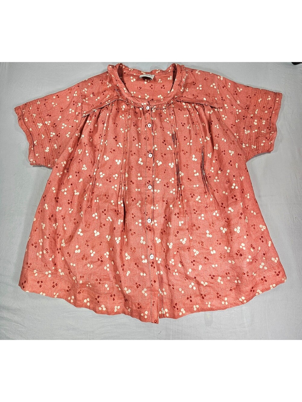 Wrap London Womens 14 100% Linen Blouse Coral Print Pintuck Boho Button Front